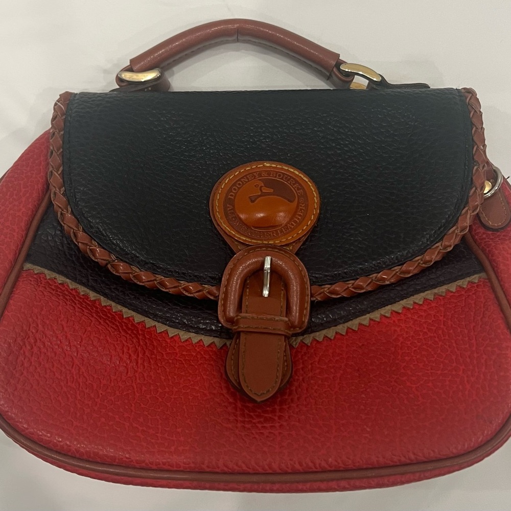 Vintage Dooney & Bourke All Weather Leather Satchel Red & Navy Blue